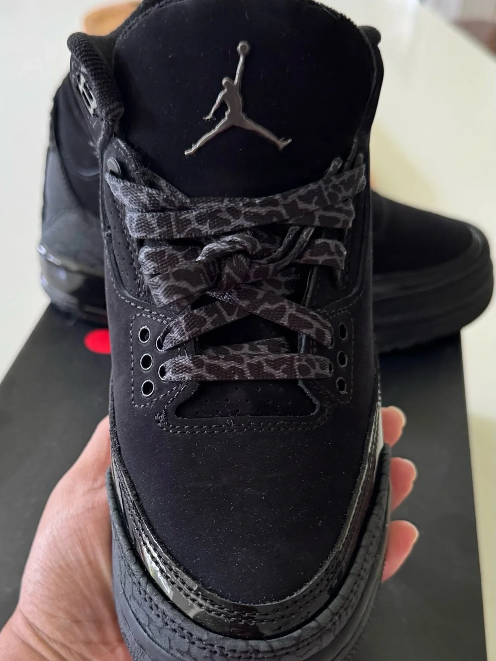 Jordan Men's Black Sneaker with Grey Patterned Laces